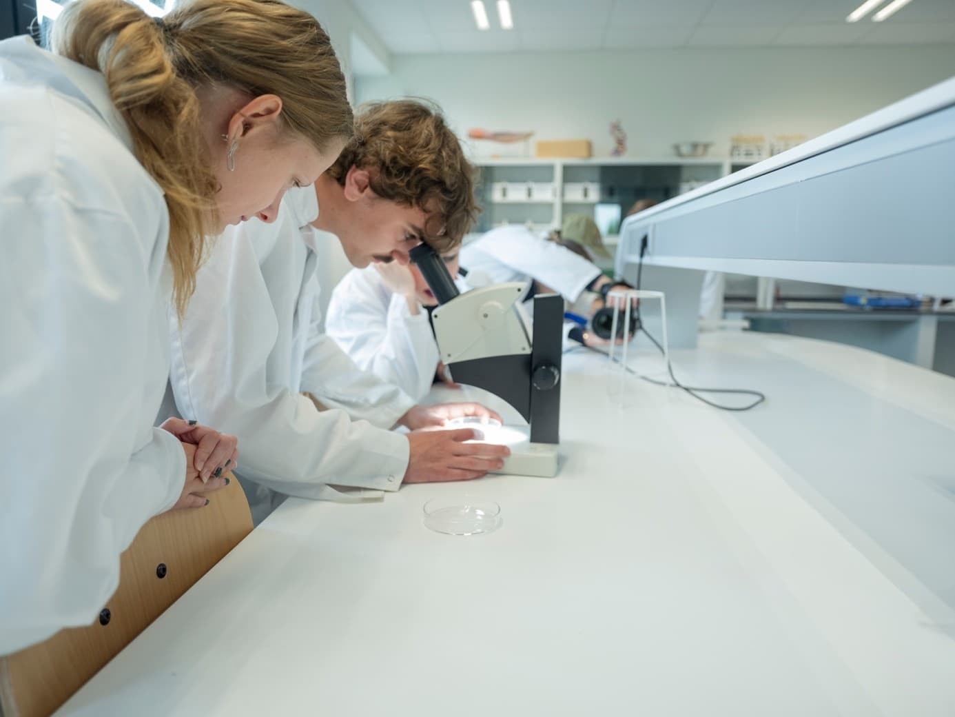 Studenten bekijken watermonsters door een microscoop in het lab